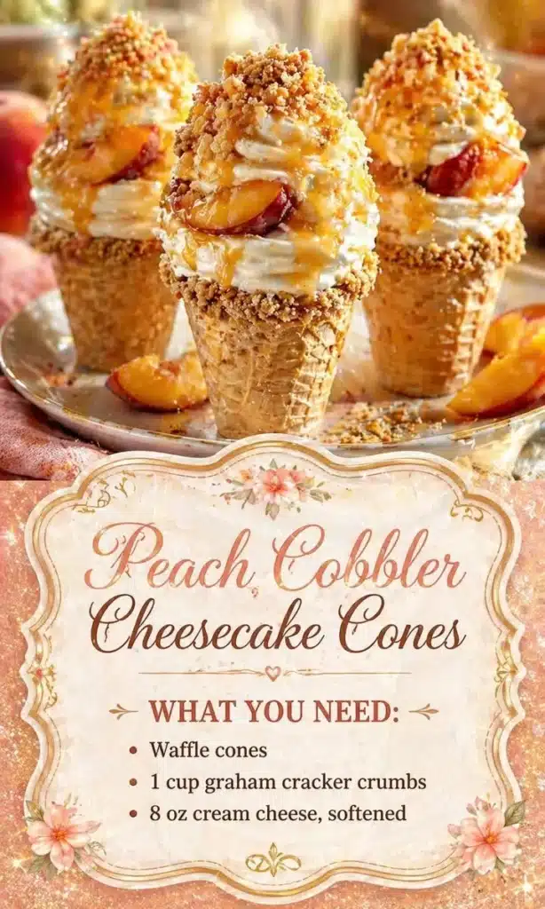 Delicious peach cobbler cheesecake cones served on a plate.