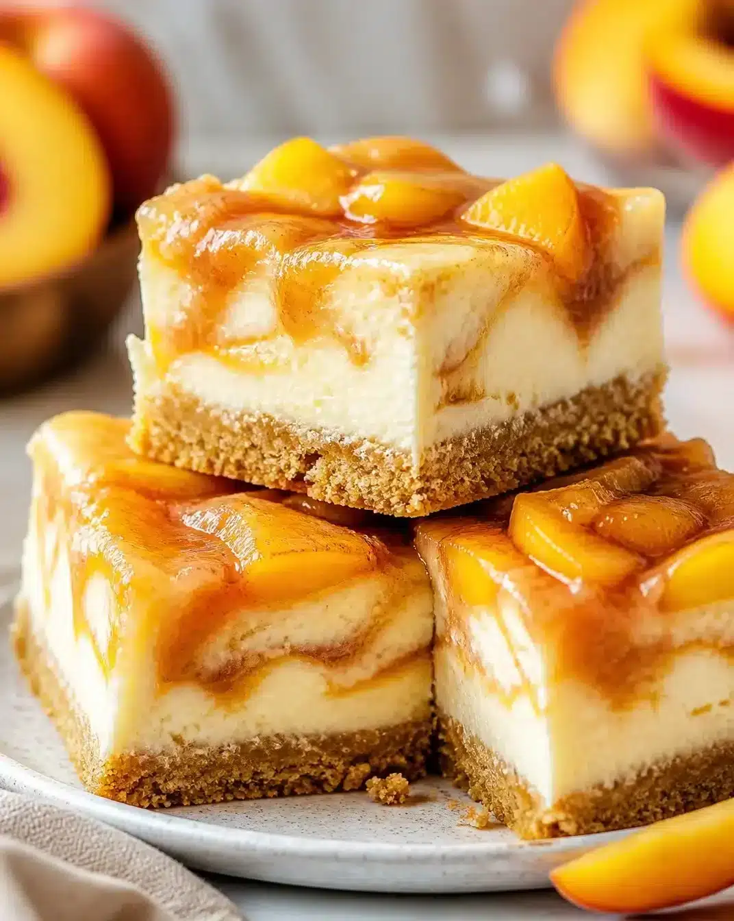 Delicious peach cobbler-style cheesecake bars with fresh peaches and a graham cracker crust.