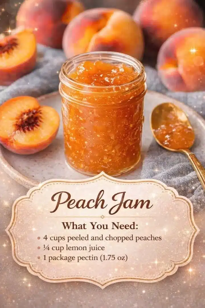 Delicious homemade peach jam served on toast with fresh peaches nearby.