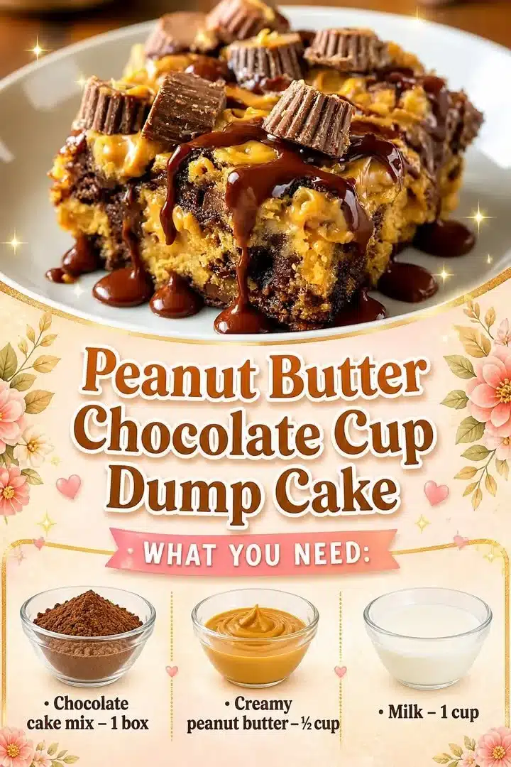 Peanut Butter Chocolate Cup Dump Cake 1 Peanut Butter Chocolate Cup Dump Cake topped with chocolate and peanut butter frosting.