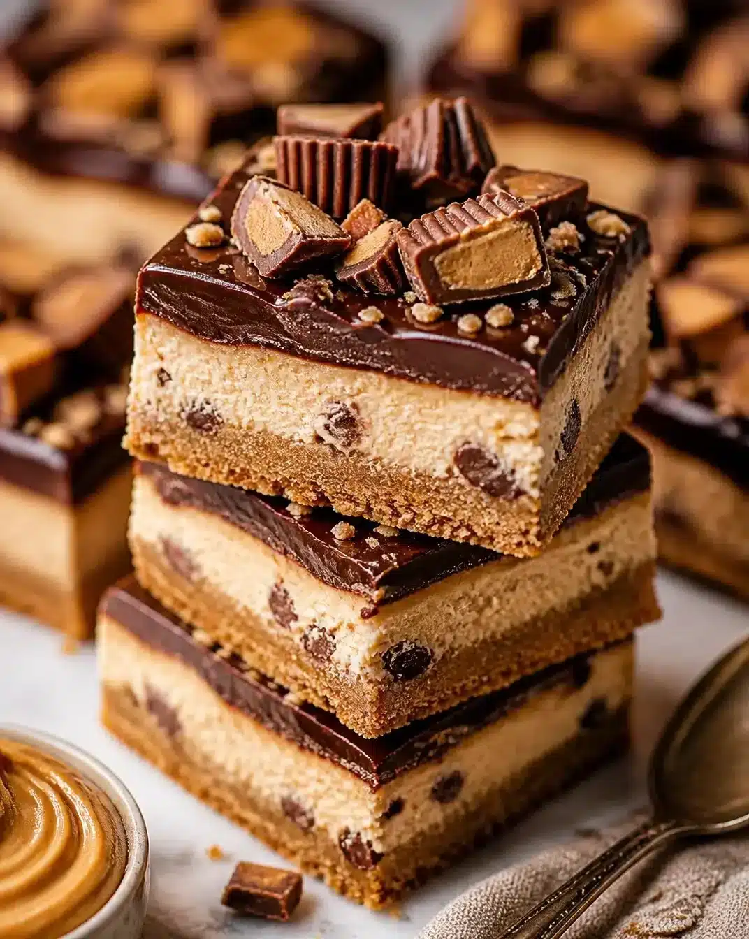 Delicious peanut butter cup cheesecake bars served on a plate