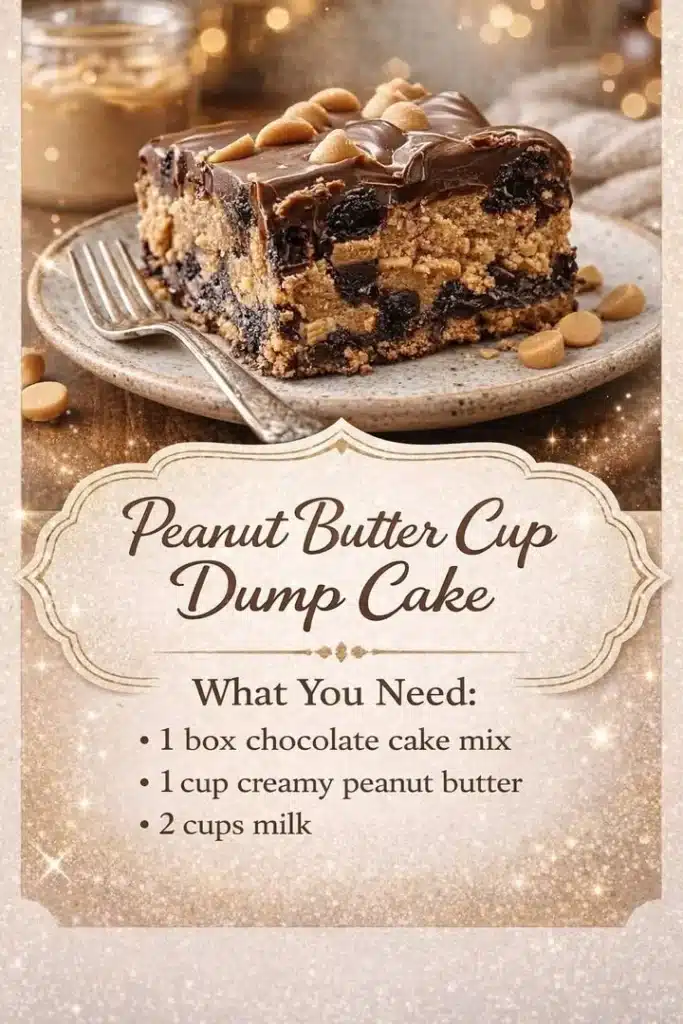 Delicious Peanut Butter Cup Dump Cake topped with chocolate and peanut butter swirls.