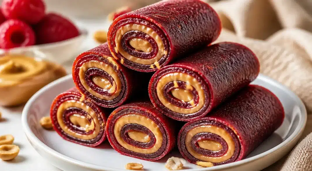 Delicious Peanut Butter Rolls with colorful fruit leather for a healthy snack