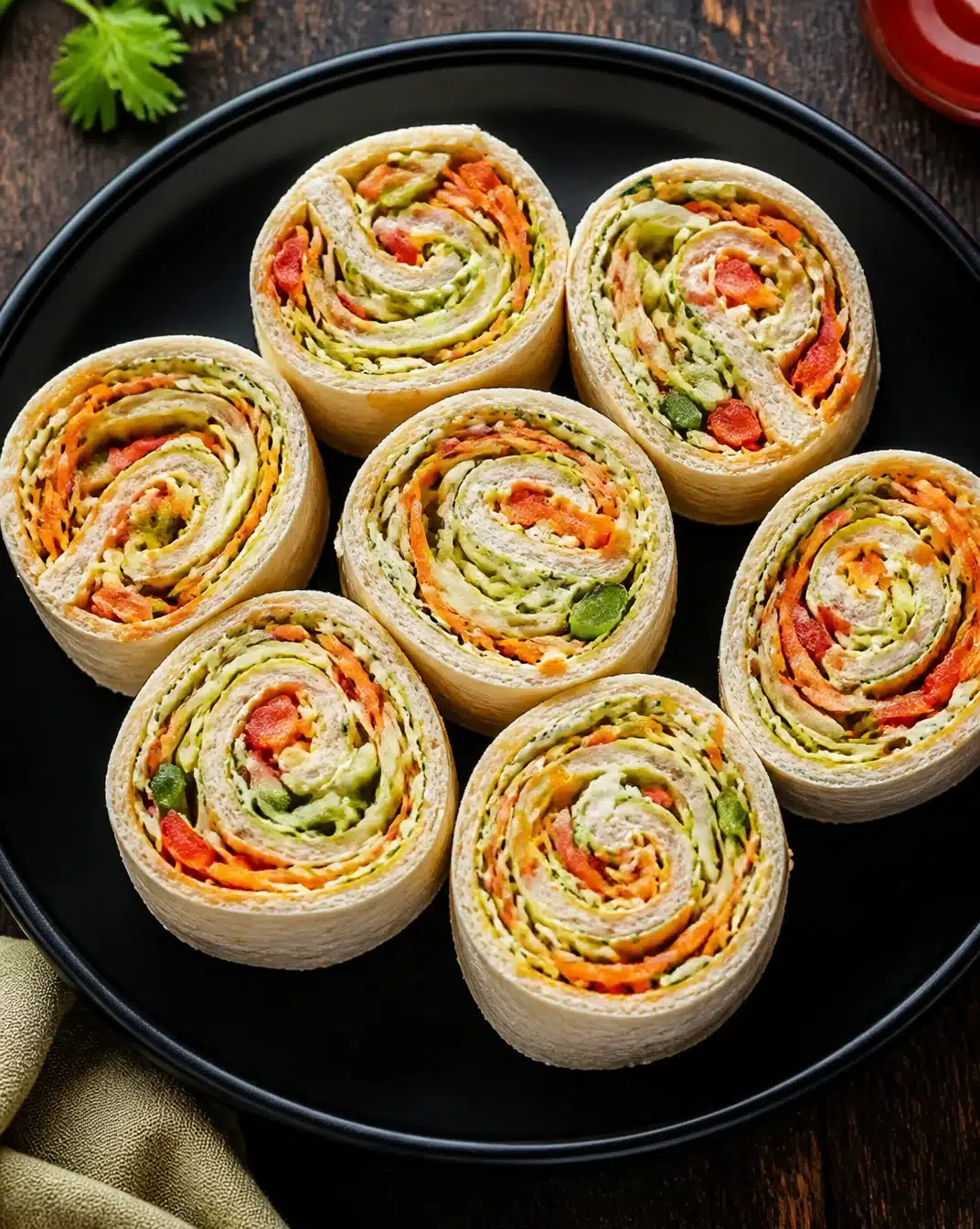 Colorful pinwheel sandwiches rolled with various fillings for a fun snack