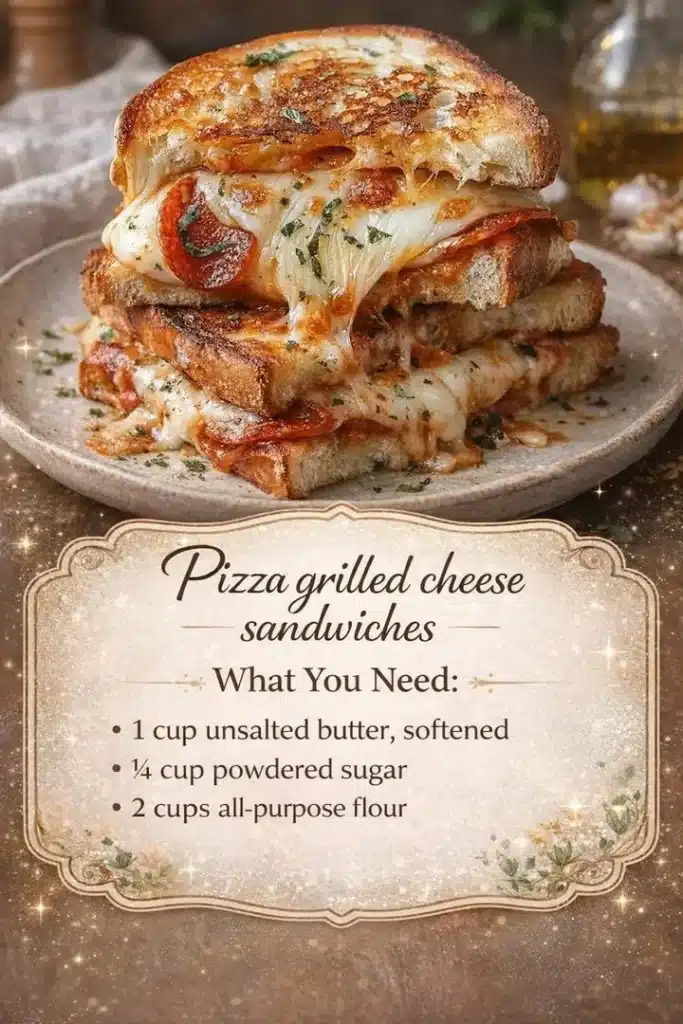 Delicious Pizza Grilled Cheese Sandwiches served with marinara sauce