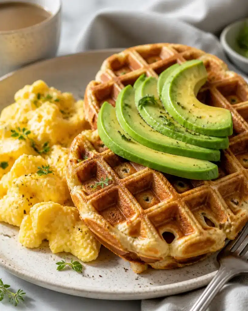 Delicious protein-packed savory waffles topped with fresh herbs and toppings