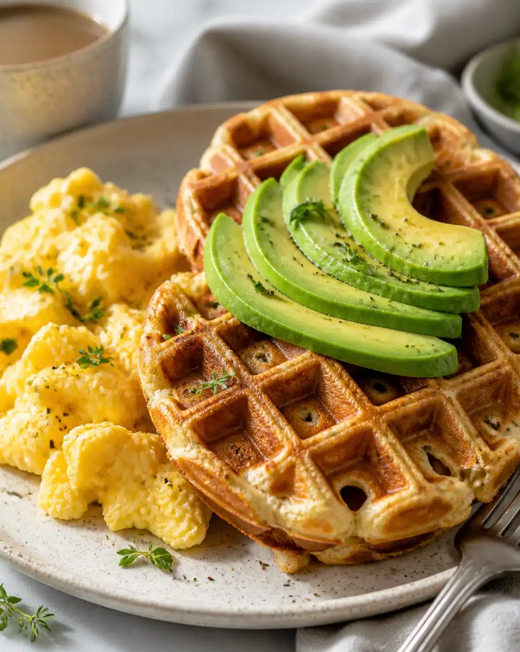 Delicious protein-packed savory waffles topped with fresh herbs and toppings