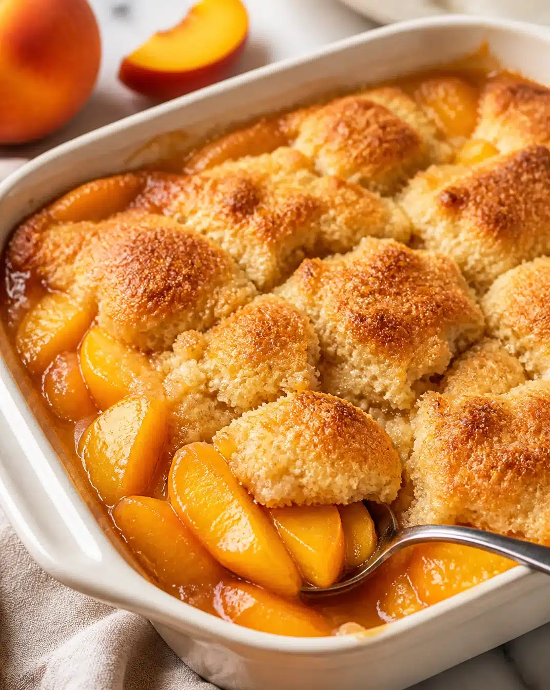 Delicious homemade quick and easy peach cobbler served in a dish