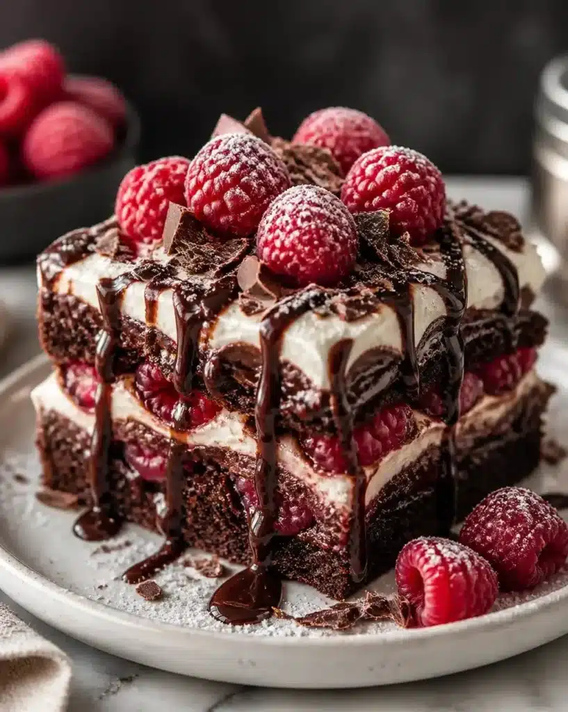 Delicious Raspberry Chocolate Lasagna dessert layers with chocolate and raspberries.