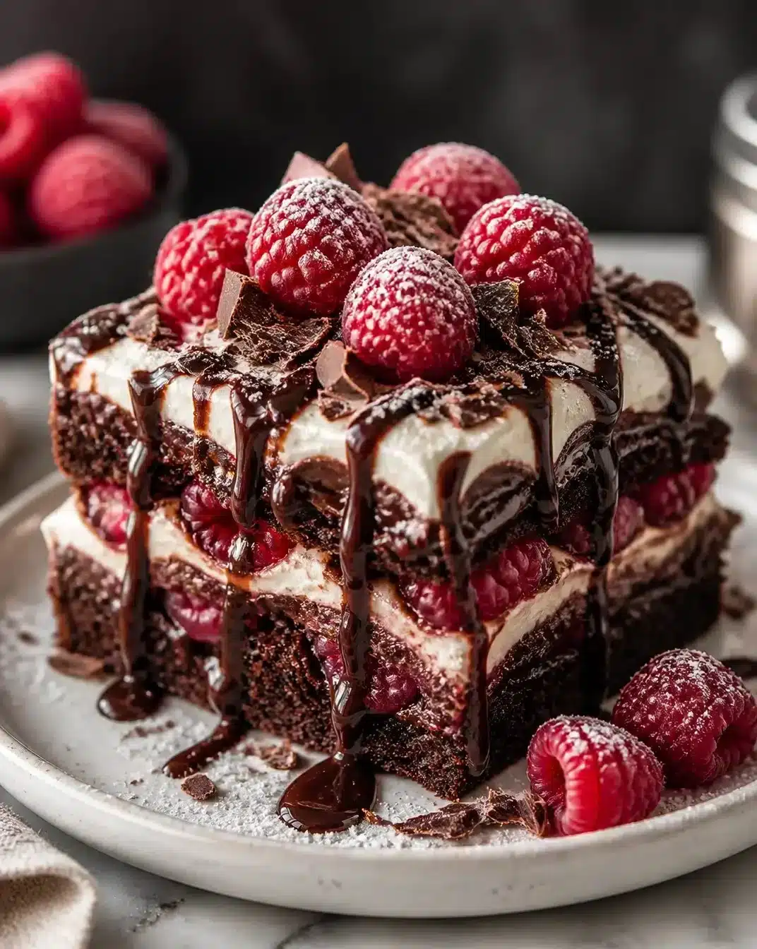 Delicious Raspberry Chocolate Lasagna dessert layers with chocolate and raspberries.