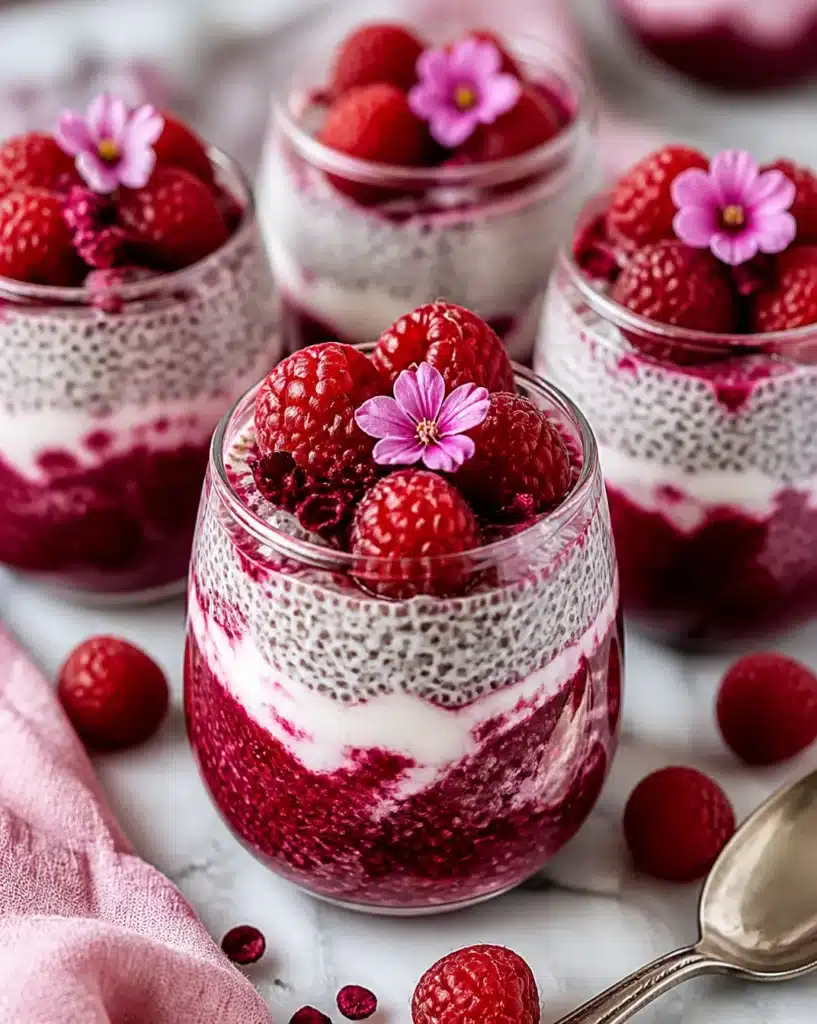Delicious Raspberry Hibiscus Chia Pudding topped with fresh raspberries