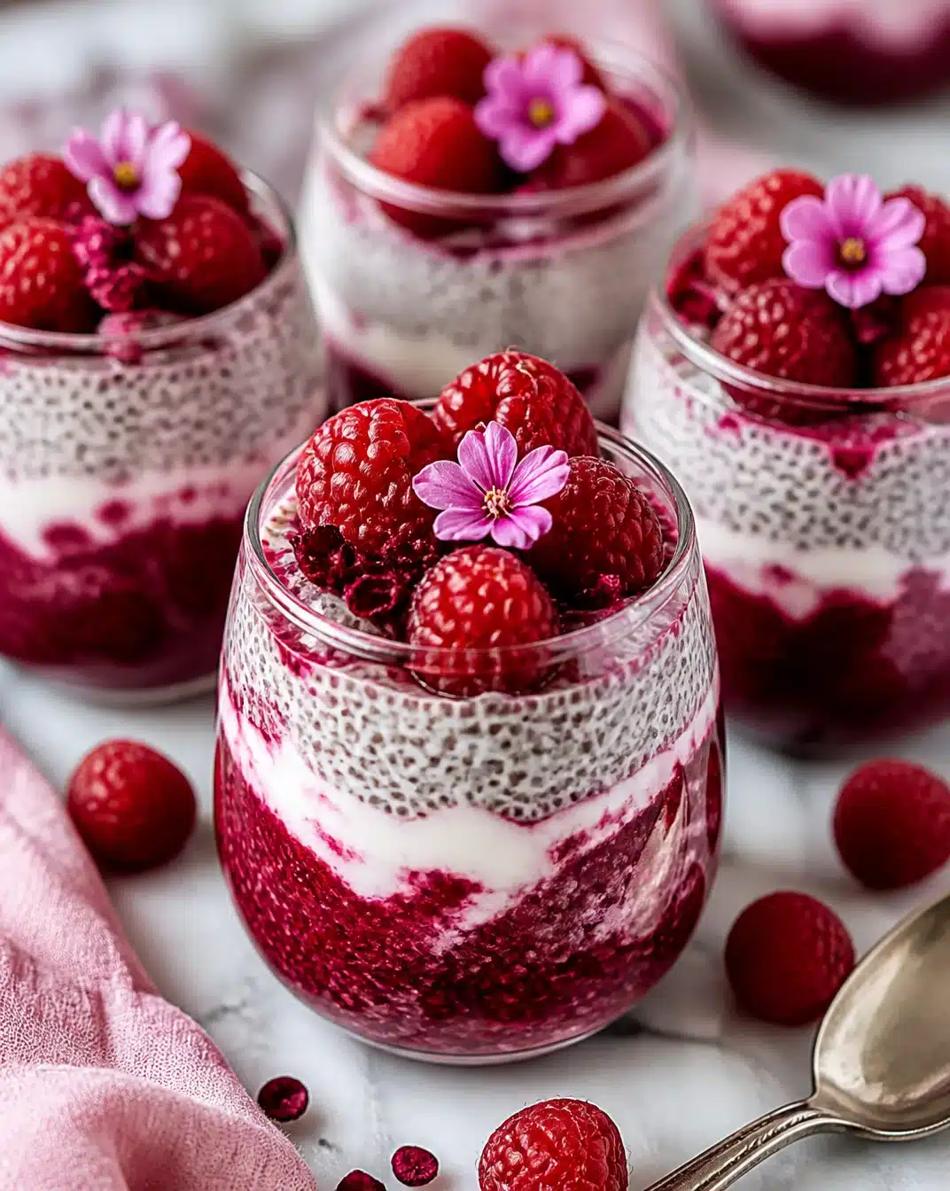 Delicious Raspberry Hibiscus Chia Pudding topped with fresh raspberries
