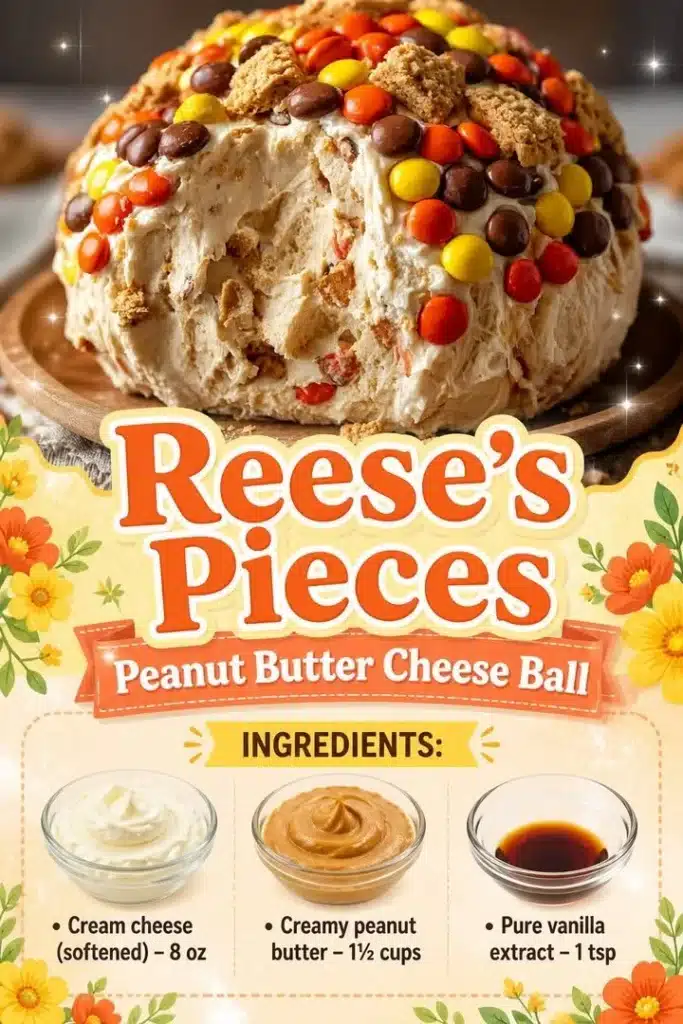 Reese's Pieces Peanut Butter Cheese Ball dessert with colorful candy topping