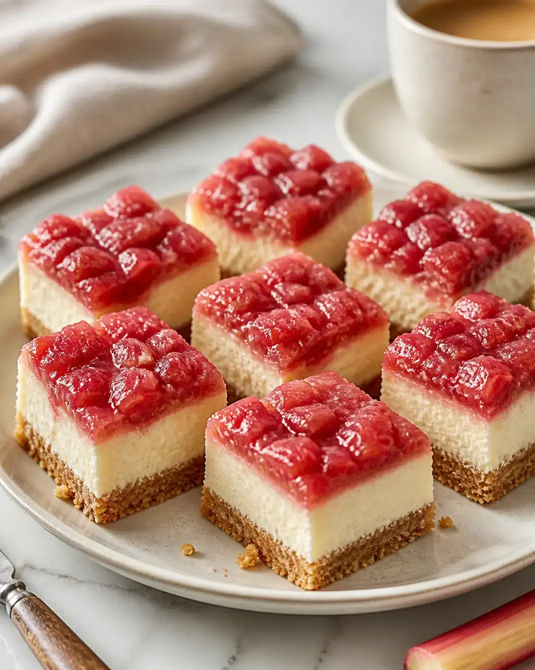 Rhubarb-ham cheesecake bars with savory cracker crunch on a serving plate