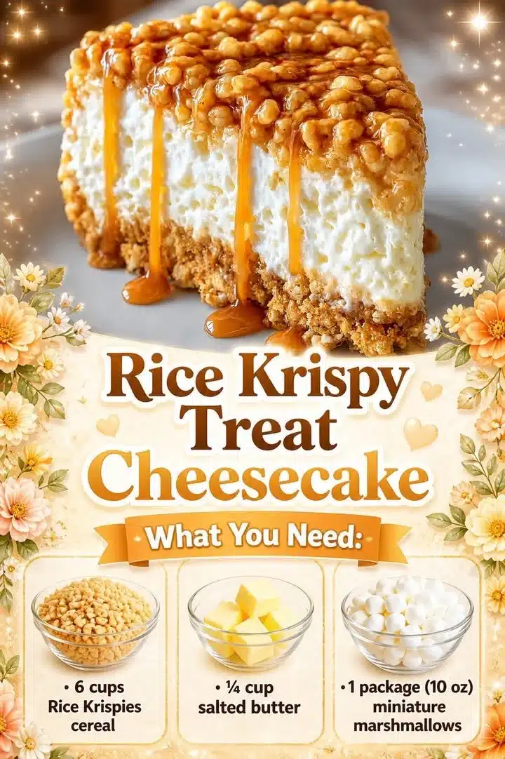 Delicious Rice Krispy Treat Cheesecake slice topped with marshmallows and crispy rice.
