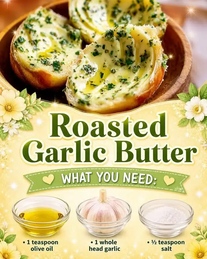 Delicious roasted garlic butter spread on freshly baked bread