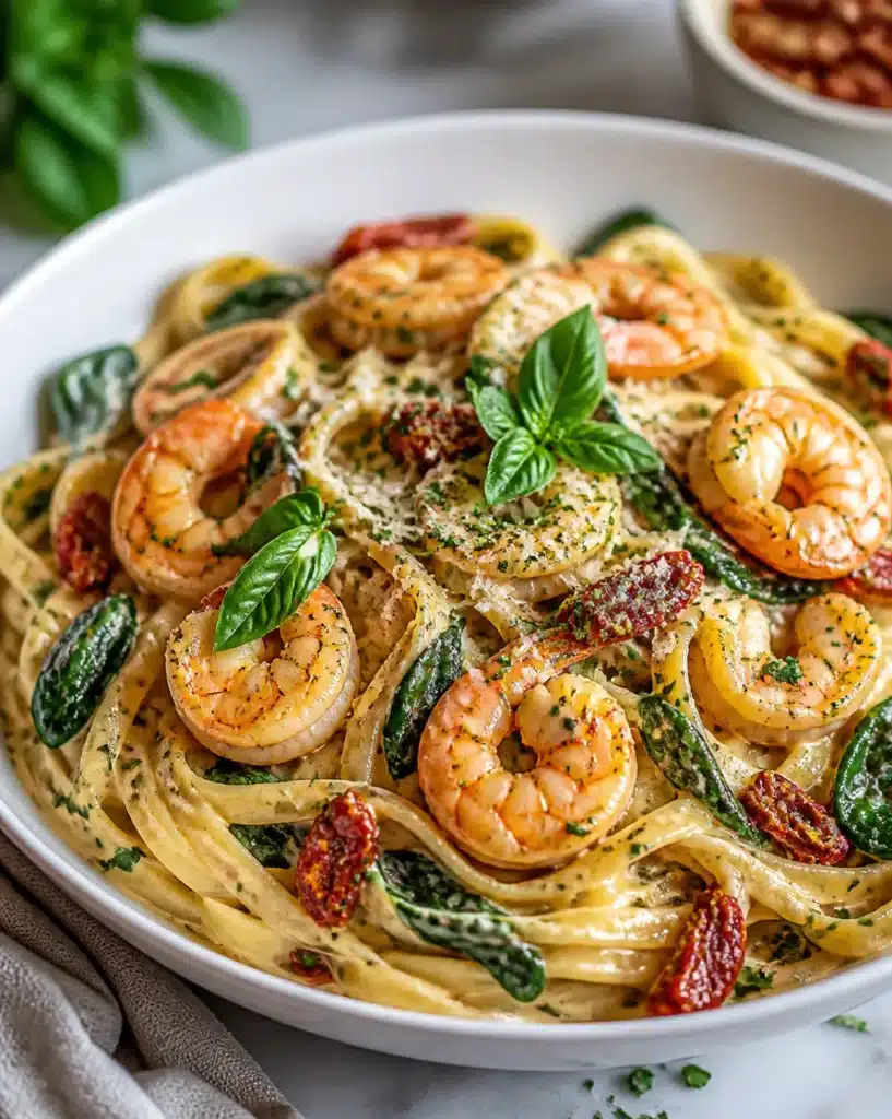 Delicious romantic shrimp pasta dish garnished with herbs and served in a bowl