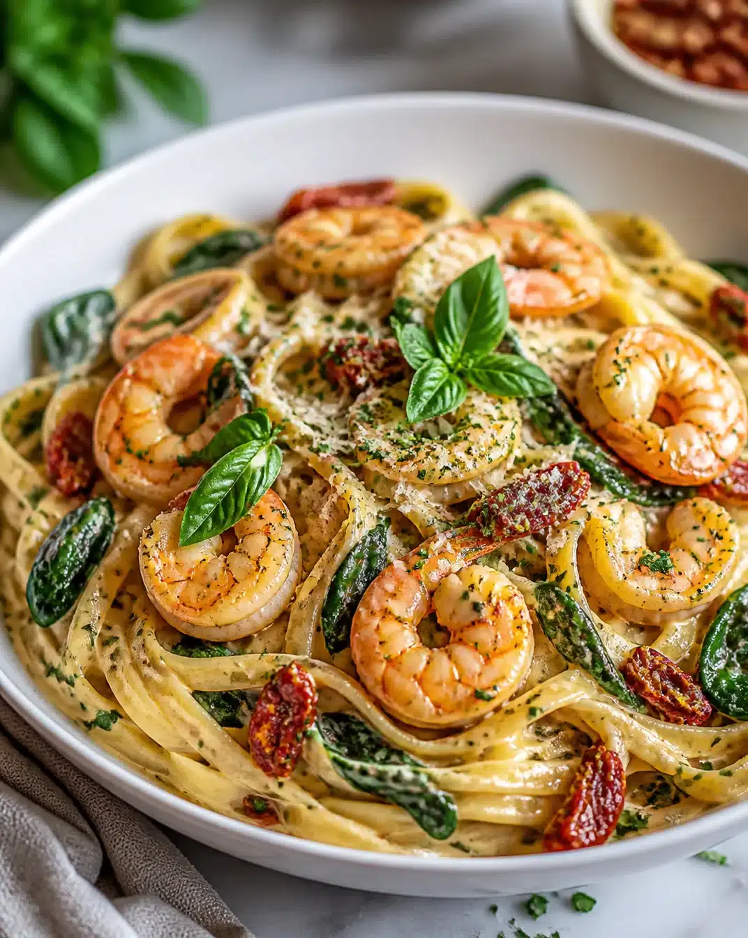 Delicious romantic shrimp pasta dish garnished with herbs and served in a bowl