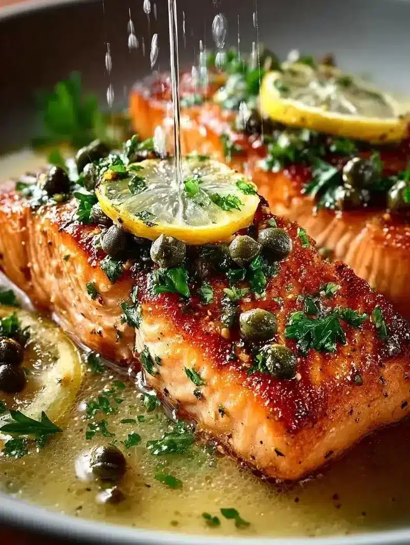 Plate of Salmon Piccata garnished with lemon and capers.