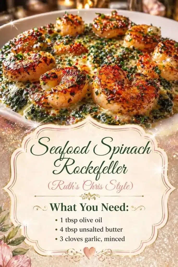 Seafood Spinach Rockefeller dish inspired by Ruth’s Chris with shrimp and crab.