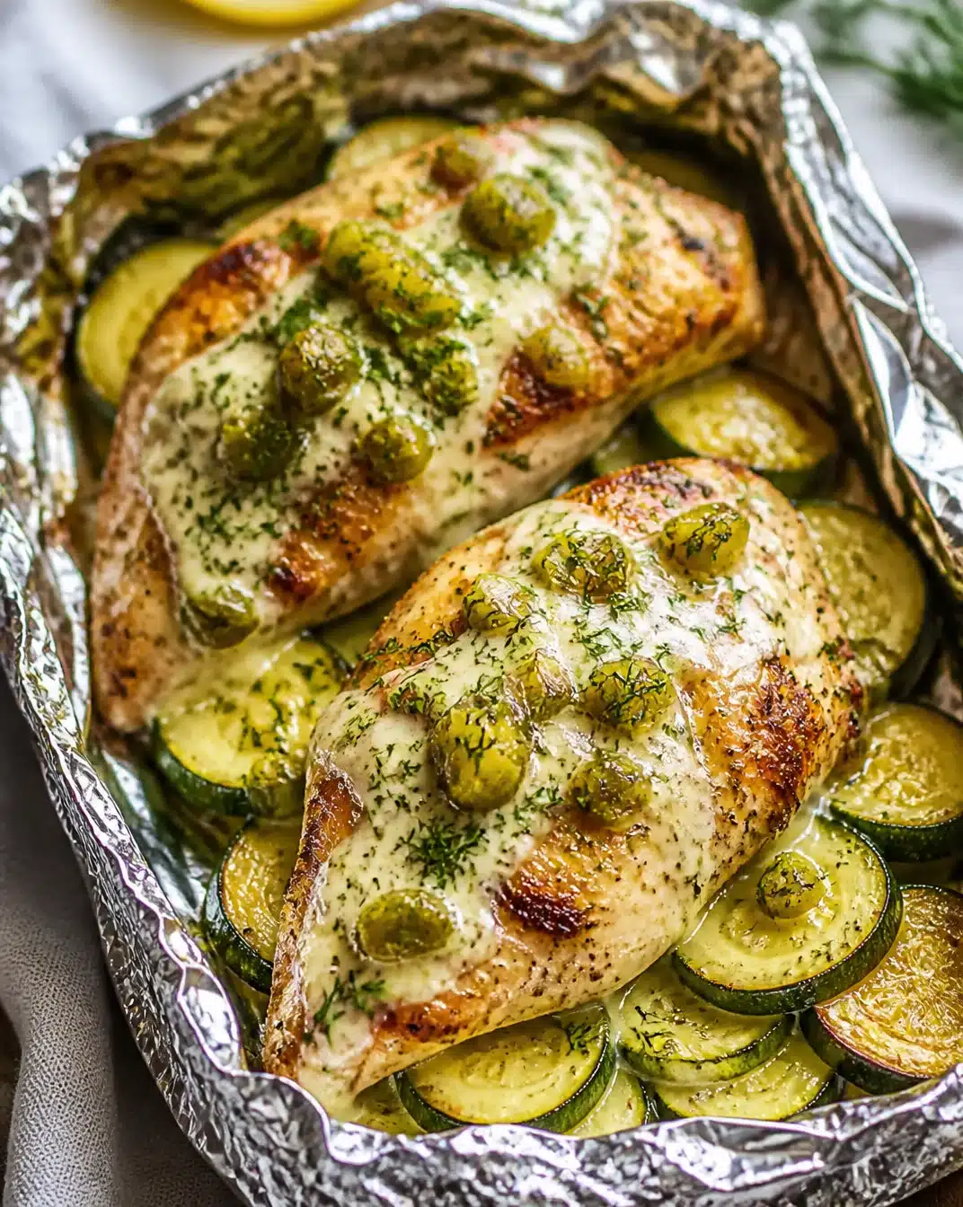 Seasoned chicken and zucchini foil pack meal, easy and healthy dinner