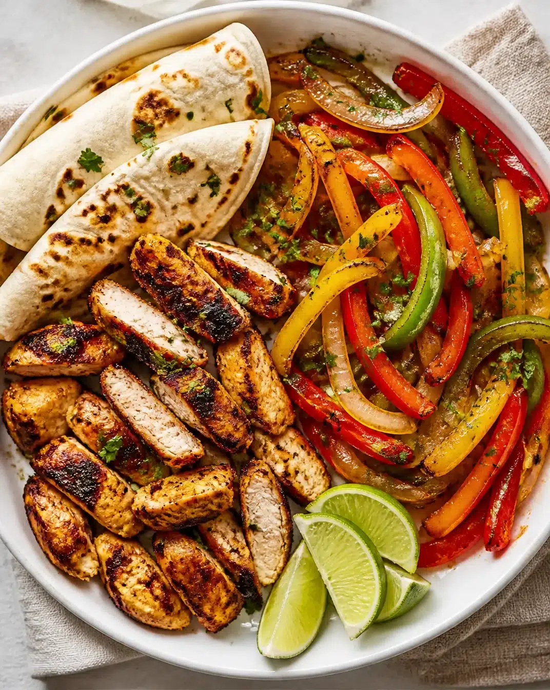 Sheet pan chicken fajitas with colorful peppers and onions ready to serve