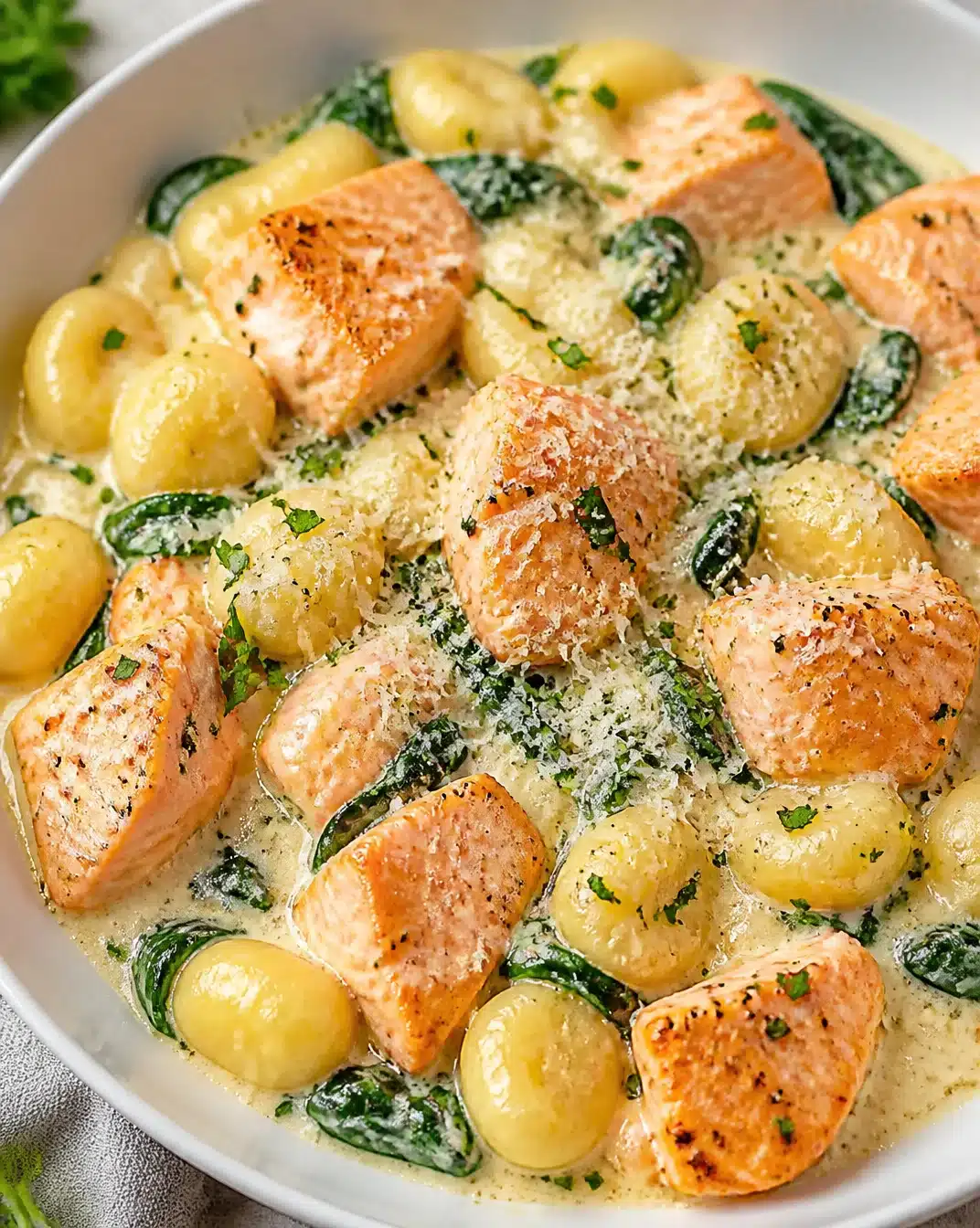 Silky Salmon Gnocchi in Cream Sauce 1 Plate of silky salmon gnocchi served in a rich cream sauce