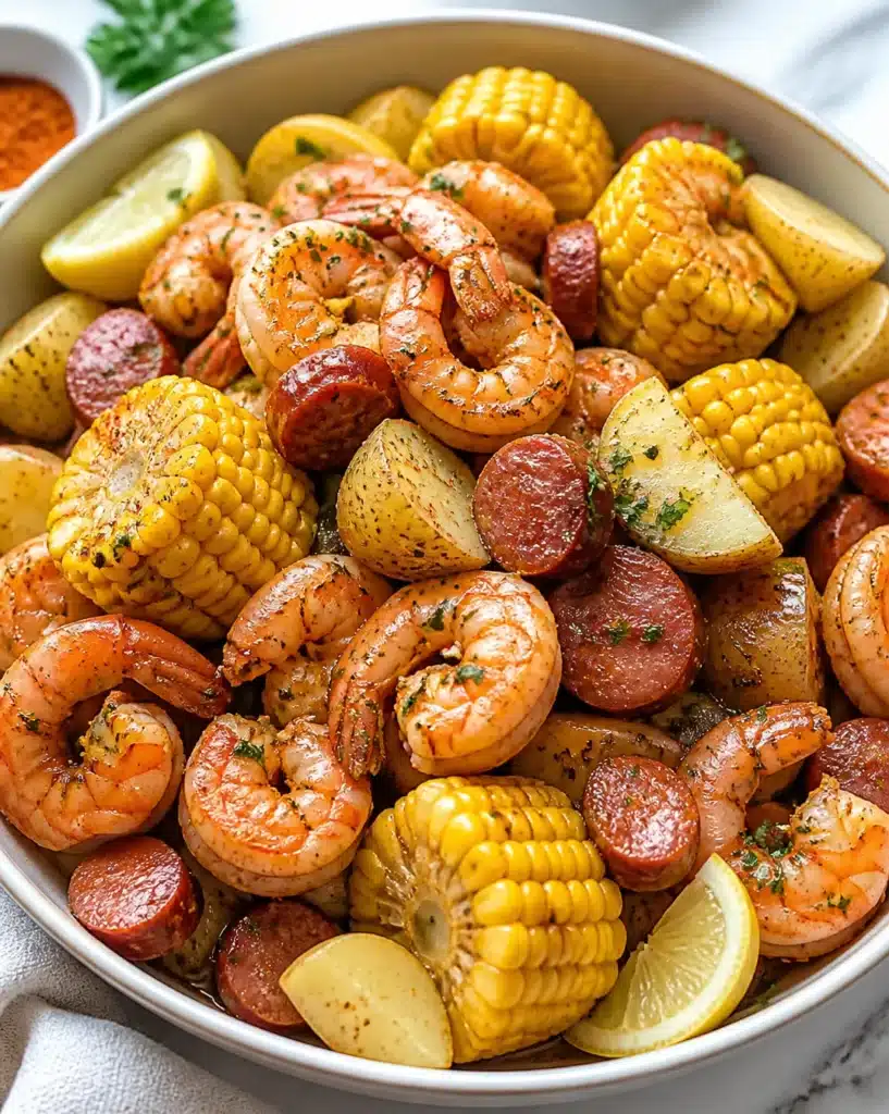 Delicious shrimp boil served in a bright bowl with corn and potatoes