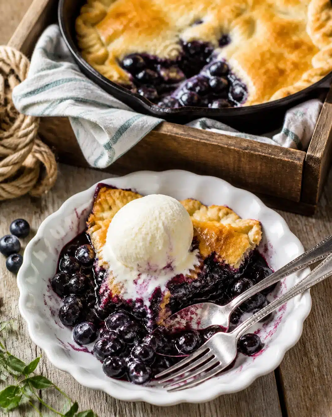 Skillet-baked blueberry pie with fresh blueberries and golden crust