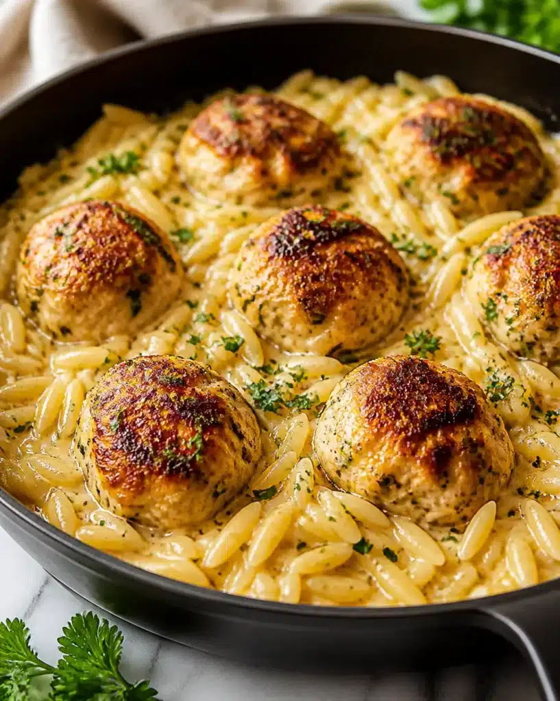 Skillet chicken meatballs served with orzo in a pan