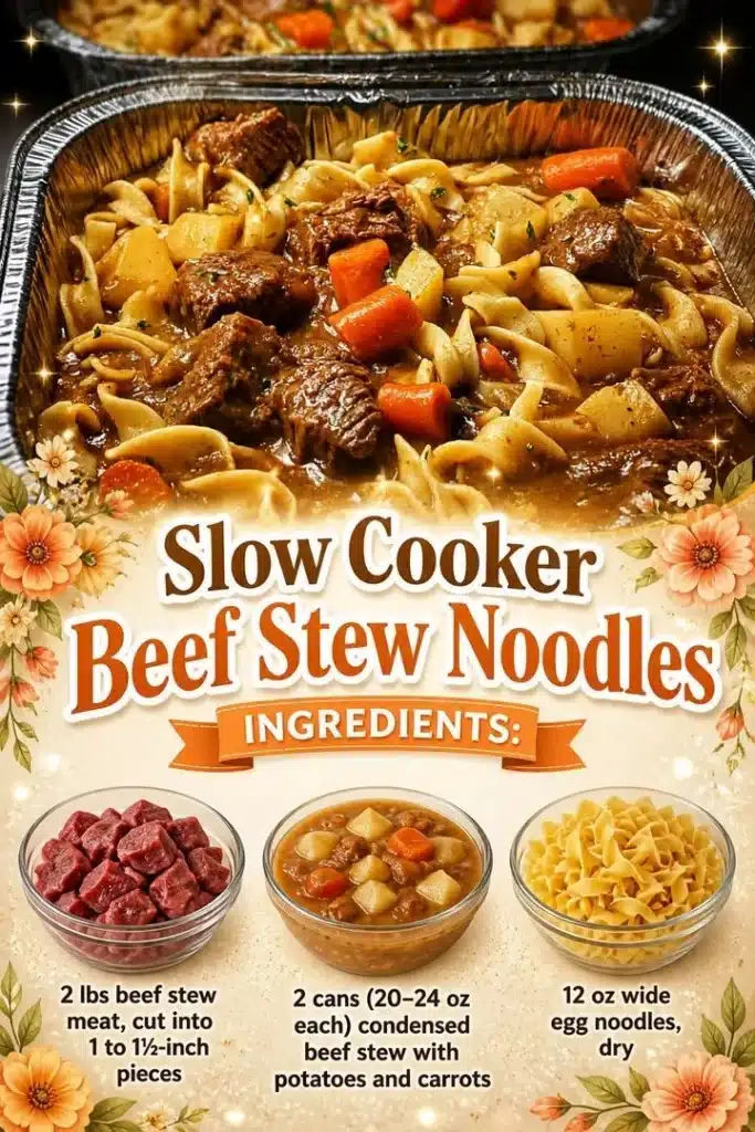 Bowl of slow cooker beef stew noodles with fresh herbs and vegetables