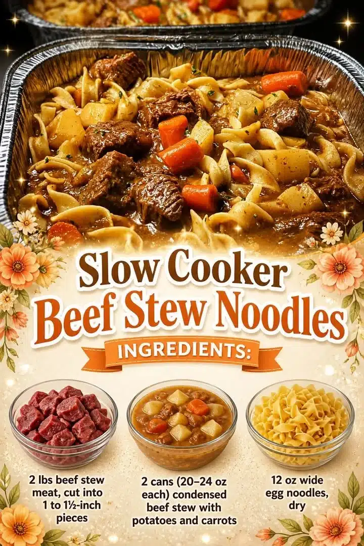 Bowl of slow cooker beef stew noodles with fresh herbs and vegetables