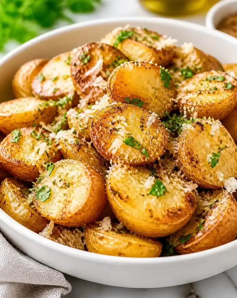 Slow Cooker Parmesan Potatoes garnished with fresh herbs in a bowl