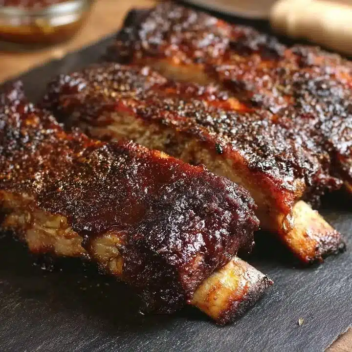 Smoked Beef Ribs 1 Delicious smoked beef ribs served on a wooden platter with BBQ sauce.