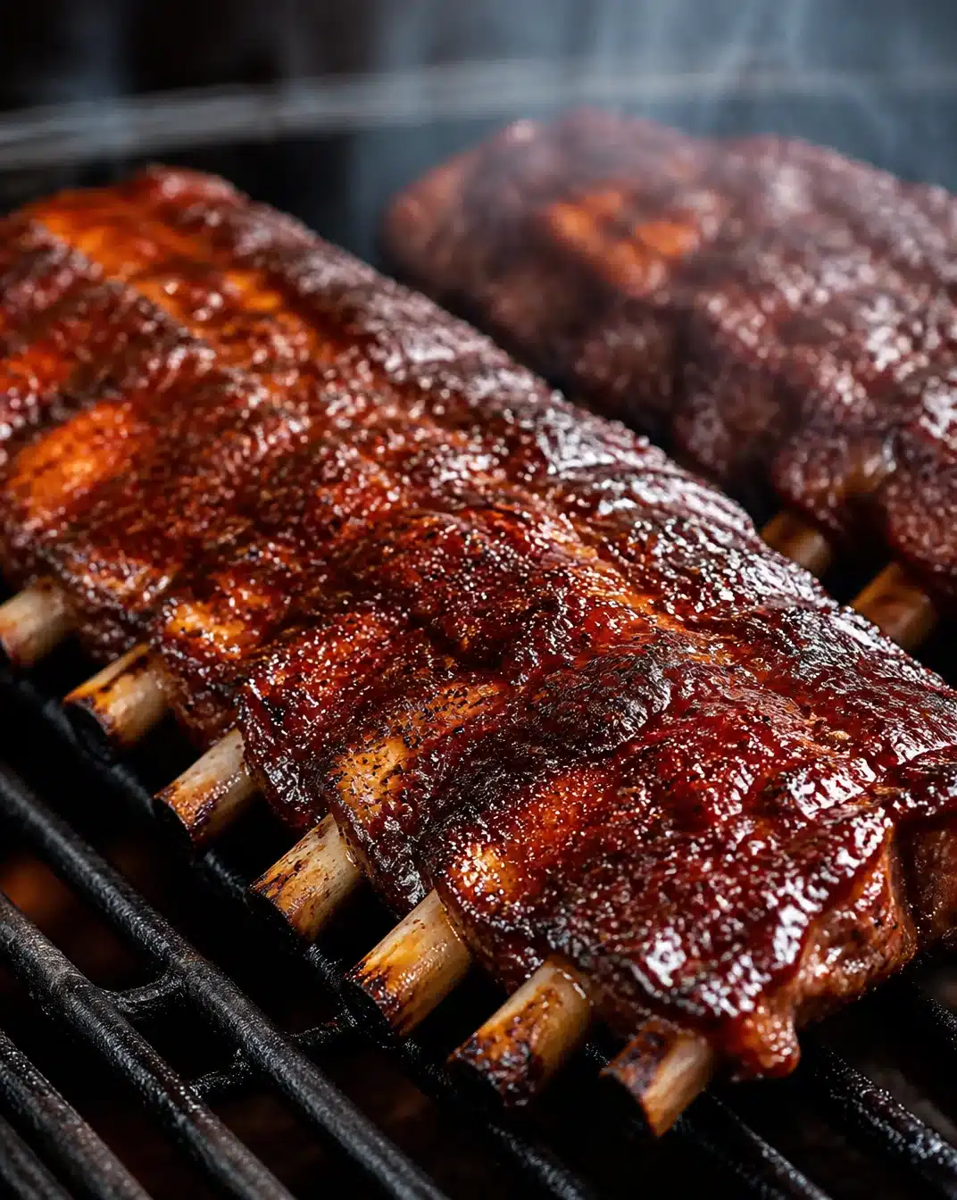 Delicious smoked ribs ready for serving with a side of barbecue sauce.