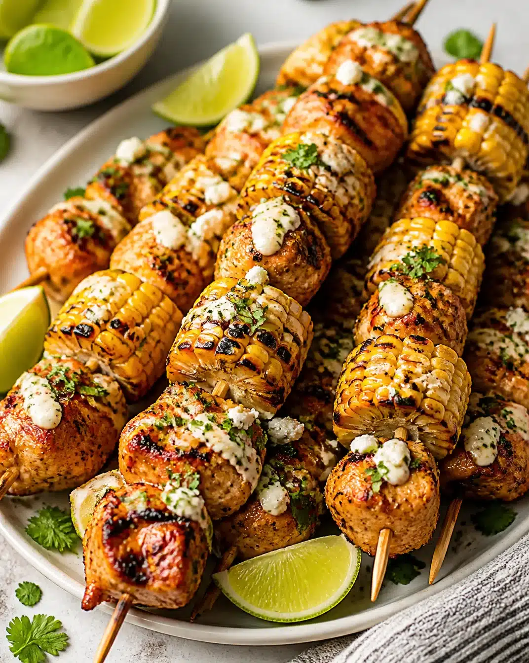 Smoky charred corn served with creamy tangy chicken skewers on a grill