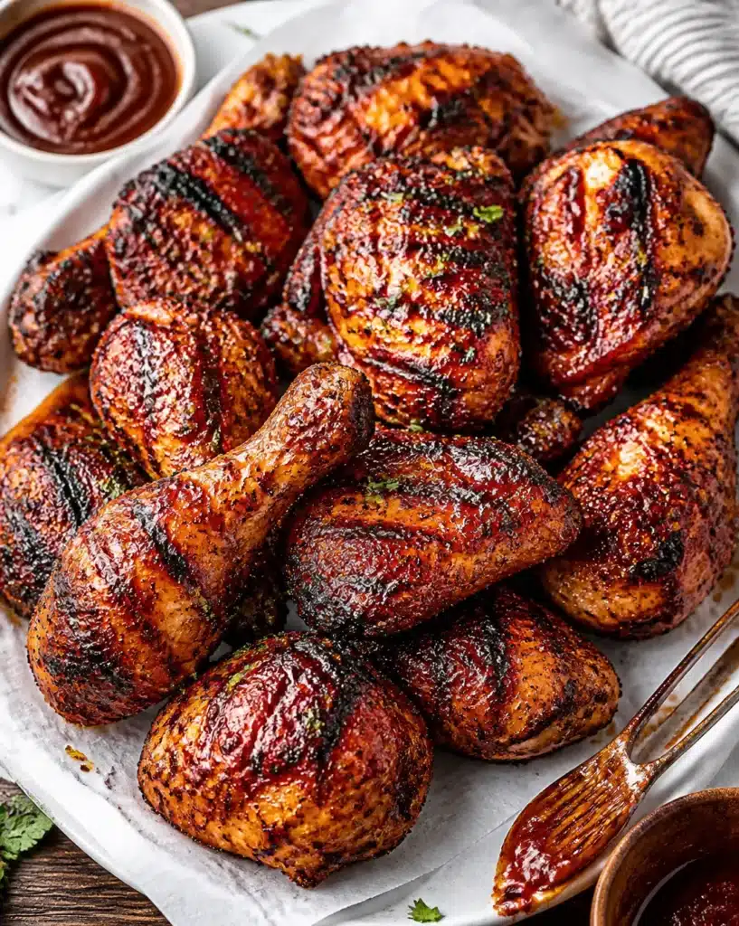Delicious smoky grilled chicken served on a plate with fresh herbs.