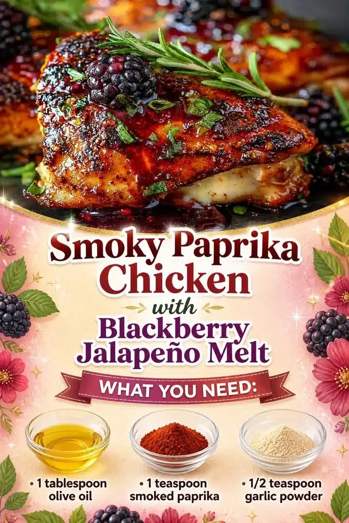 Smoky paprika chicken with blackberry jalapeño melt served on a plate.