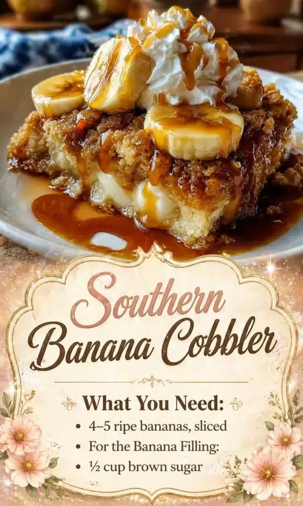 Delicious homemade Southern banana cobbler with golden crust and ripe bananas