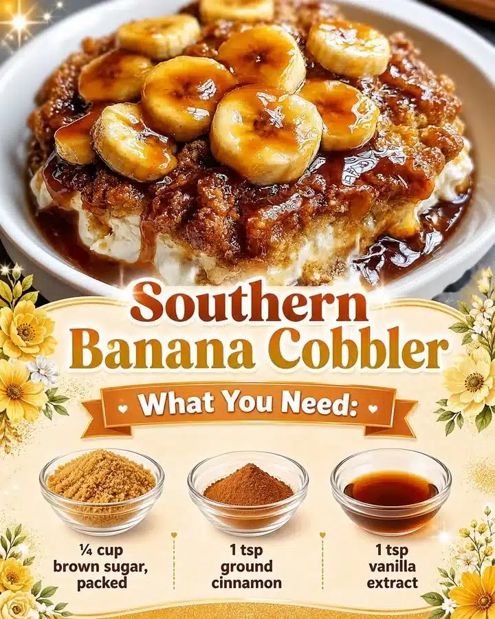 Delicious Southern banana cobbler dessert served warm with a scoop of ice cream.