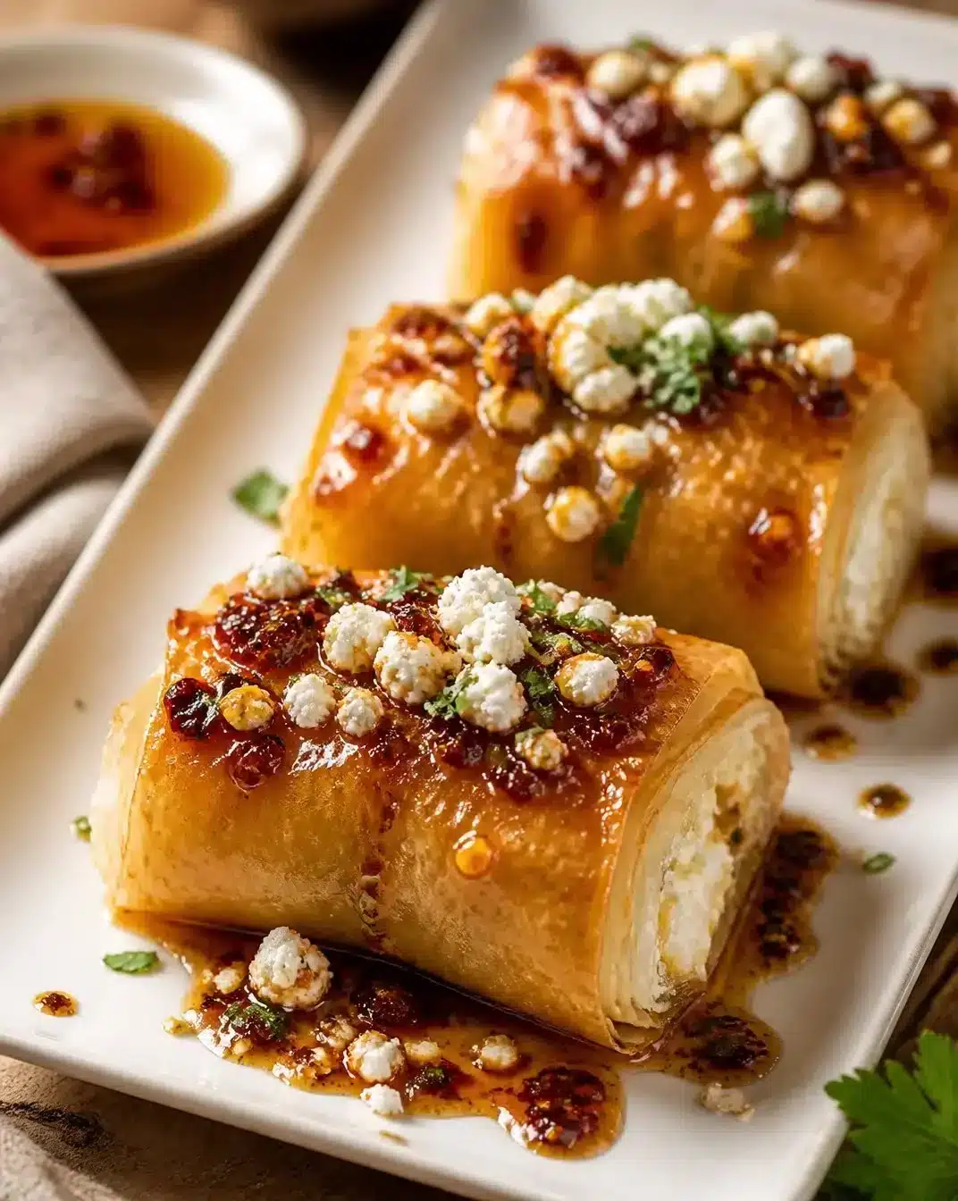 Spicy Chili Honey Feta Rolls 1 Delicious spicy chili honey feta rolls with a drizzle of honey