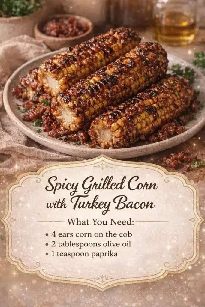 Plate of spicy grilled corn with turkey bacon garnished with herbs