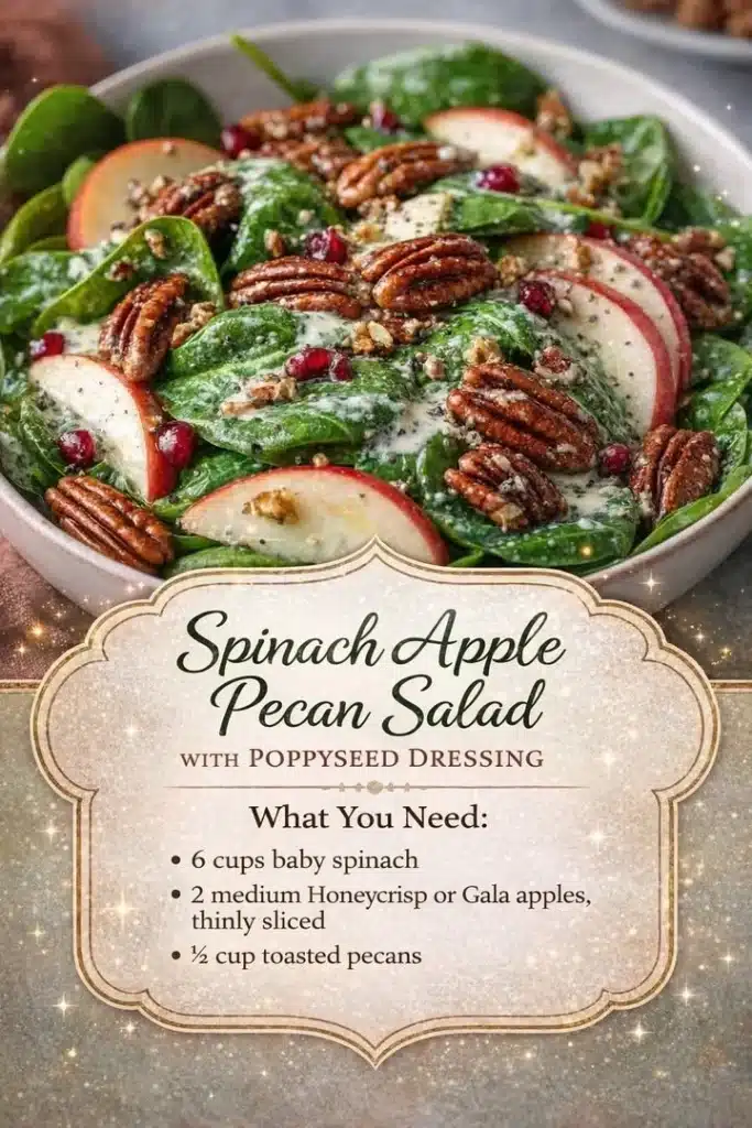 Spinach Apple Pecan Salad topped with Poppyseed Dressing on a plate.