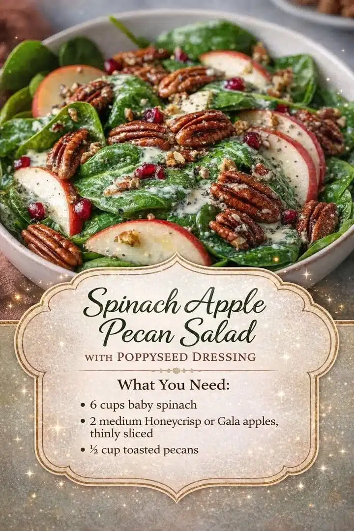 Spinach Apple Pecan Salad topped with Poppyseed Dressing on a plate.