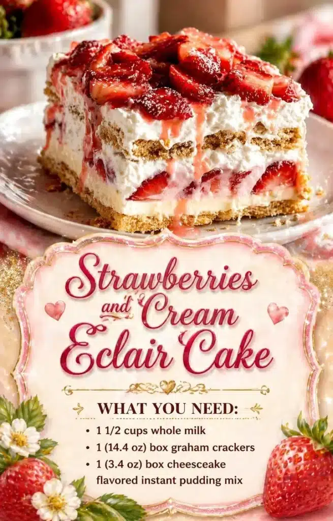 Strawberries and Cream Eclair Cake with layers of cream and strawberries