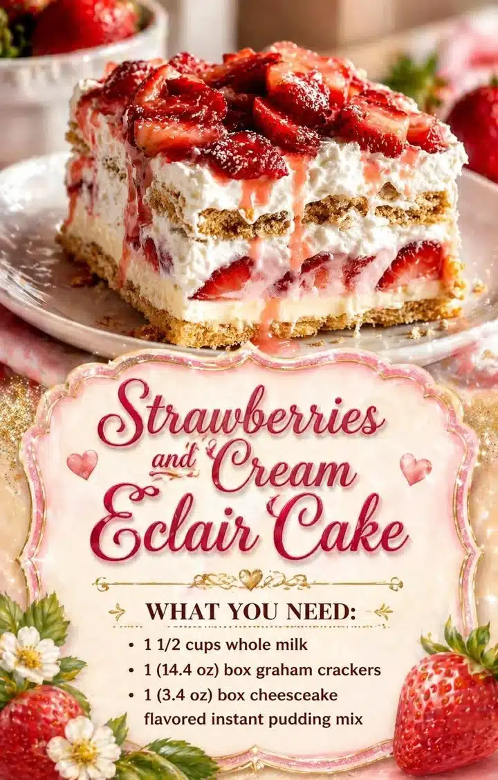 Strawberries and Cream Eclair Cake with layers of cream and strawberries