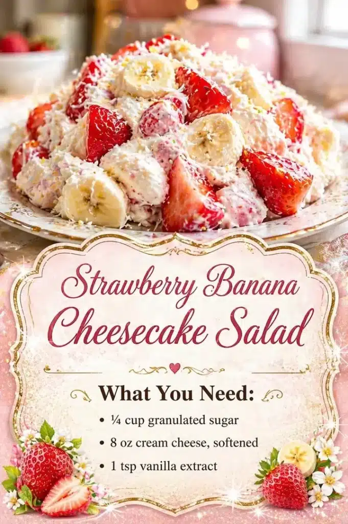 Strawberry Banana Cheesecake Salad in a bowl, garnished with fresh fruits.
