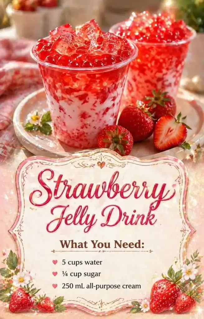 Chilled strawberry jelly drink garnished with fresh strawberries and mint leaves.