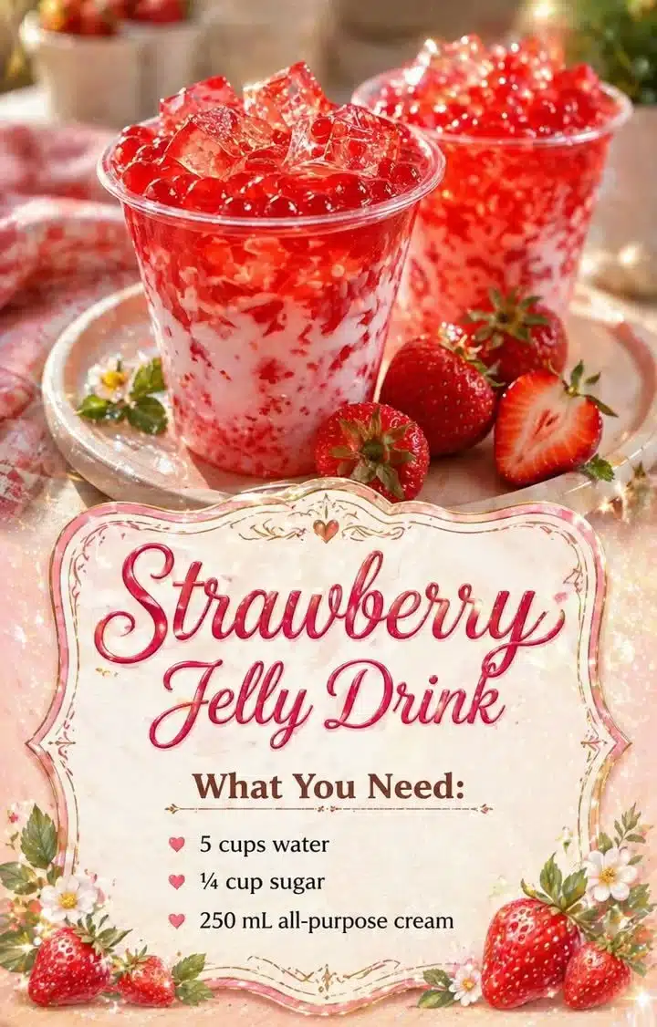 Chilled strawberry jelly drink garnished with fresh strawberries and mint leaves.
