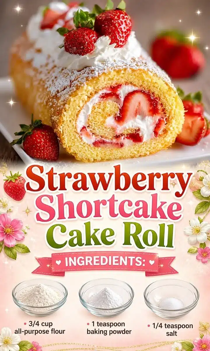 Strawberry shortcake cake roll with creamy filling and fresh strawberries